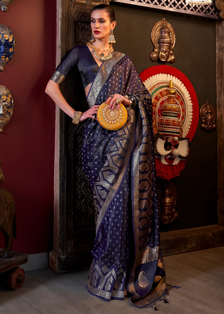 Banarasi Satin Silk Navy Blue Saree