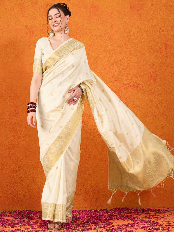 Banarasi Satin Silk White Saree