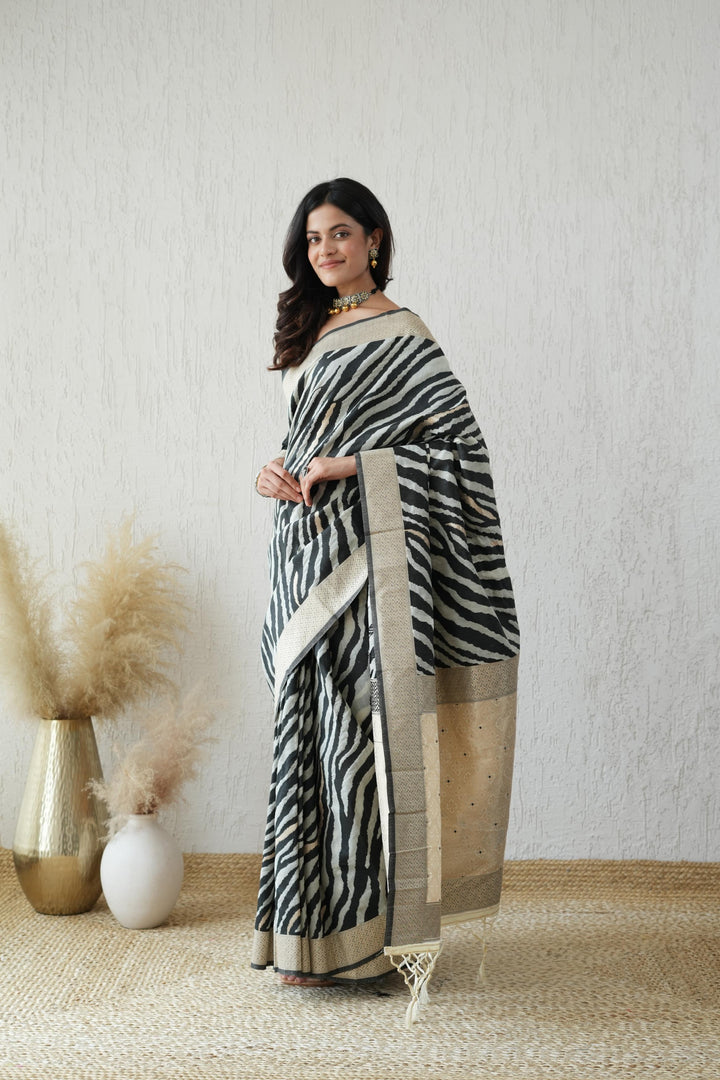 Black Cotton Zebra Weave Saree