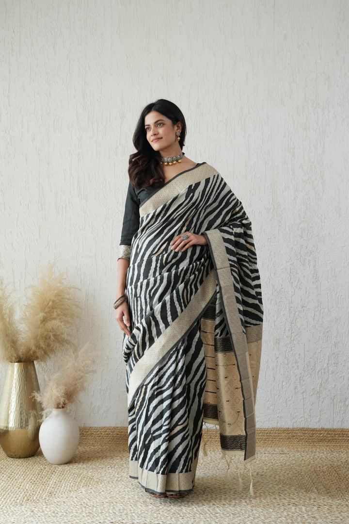 Black Cotton Zebra Weave Saree