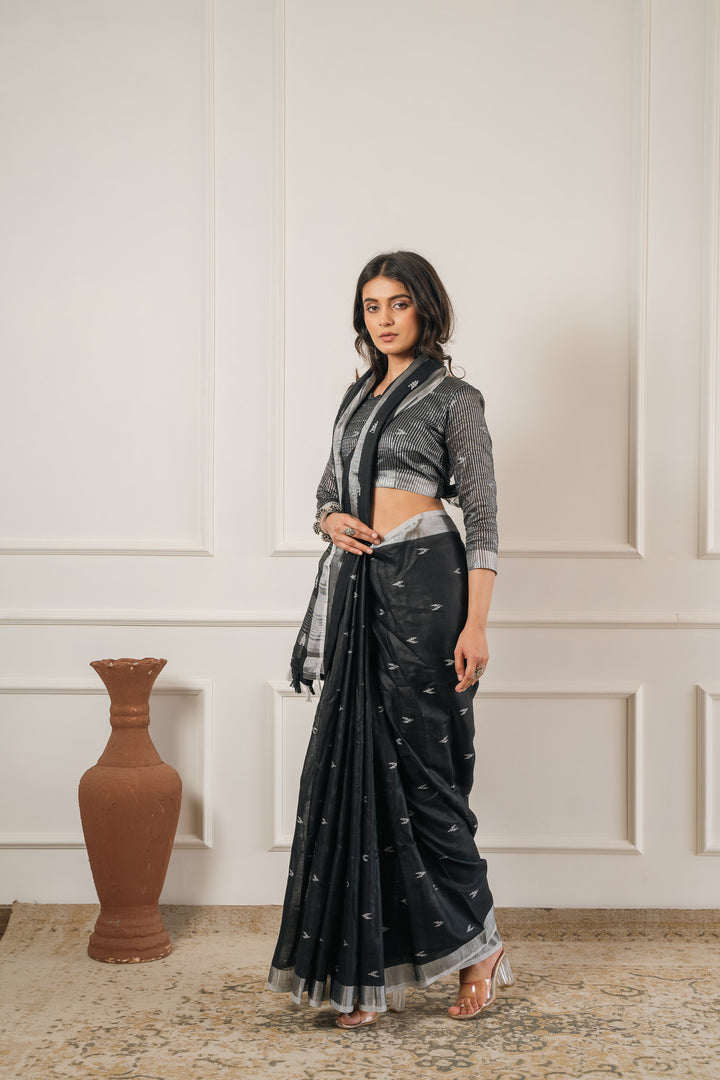 Black Linen Saree with Ikat Design