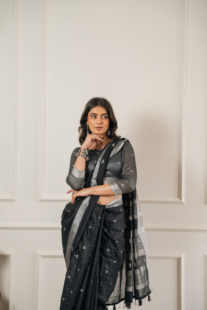 Black Linen Saree with Ikat Design