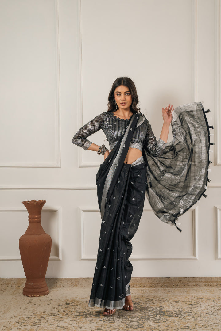 Black Linen Saree with Ikat Design