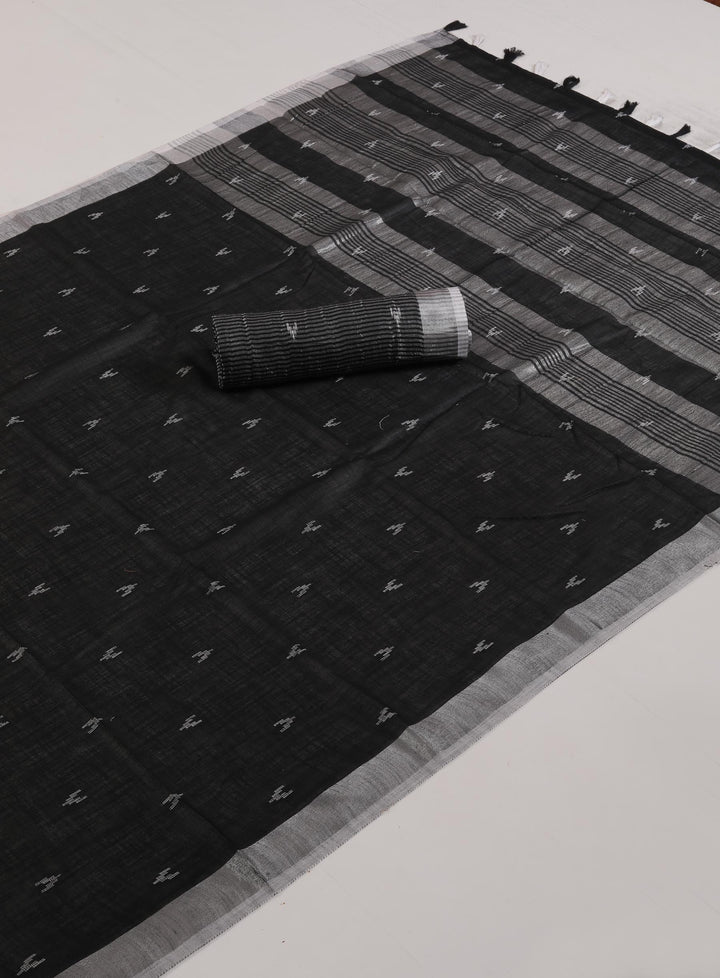 Black Linen Saree with Ikat Design