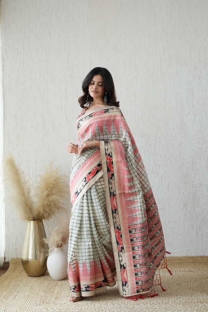 Checkered Temple Border Weave Pattern Kapas Saree