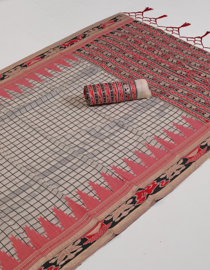 Checkered Temple Border Weave Pattern Kapas Saree