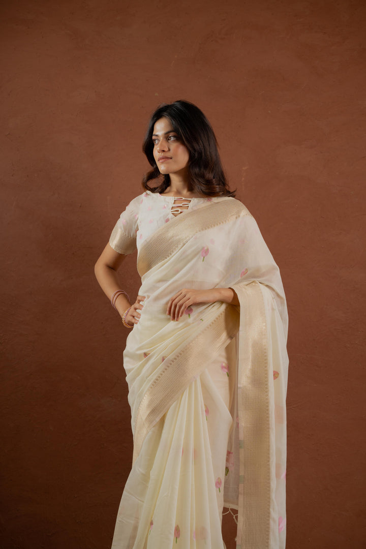 Cream Cotton Saree with Floral Intricacies