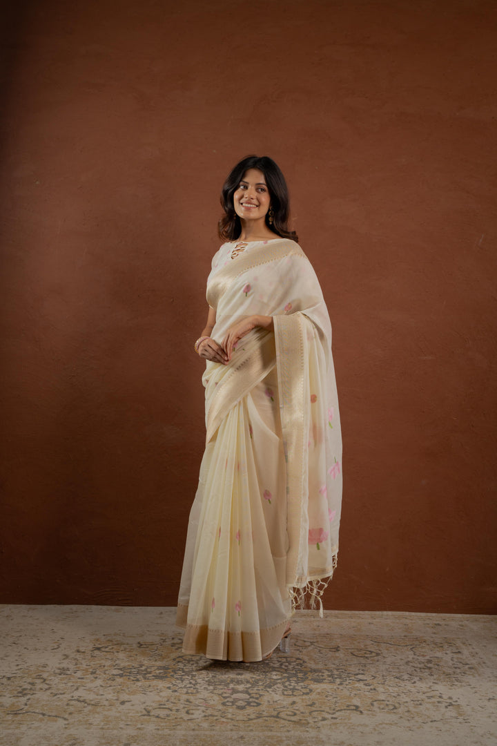 Cream Cotton Saree with Floral Intricacies