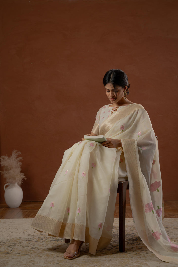 Cream Cotton Saree with Floral Intricacies