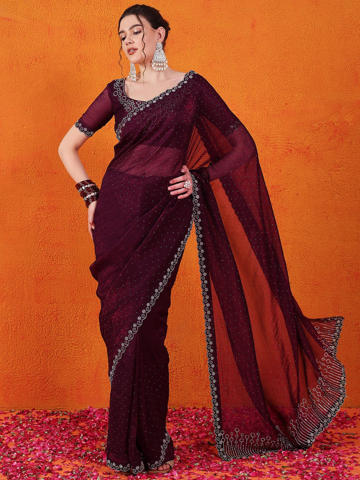 Crunchy Chiffon Wine Saree