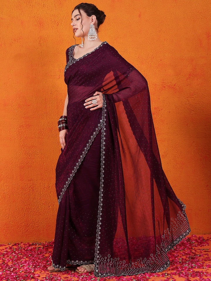 Crunchy Chiffon Wine Saree