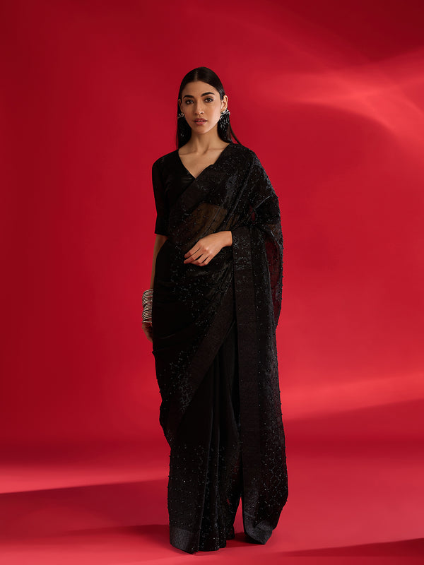 Elegant Black Jimmy Choo Saree For Farewell