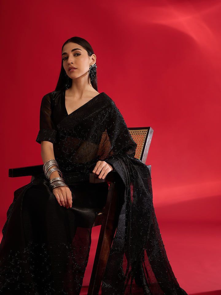 Elegant Black Jimmy Choo Saree For Farewell