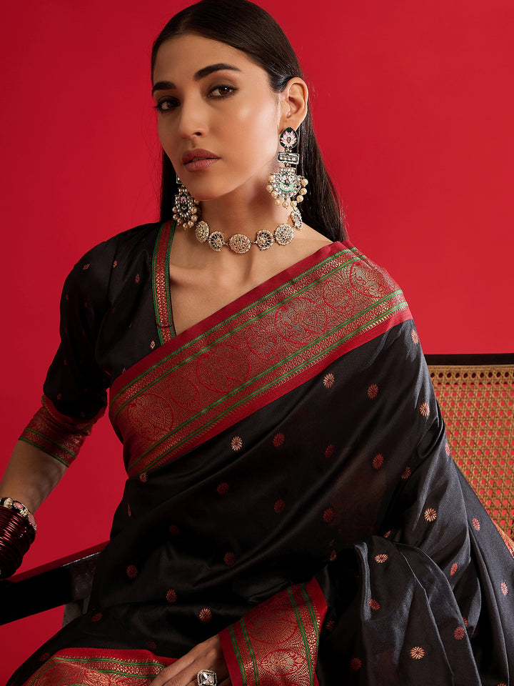 Ethereal Black Banarasi Satin Saree