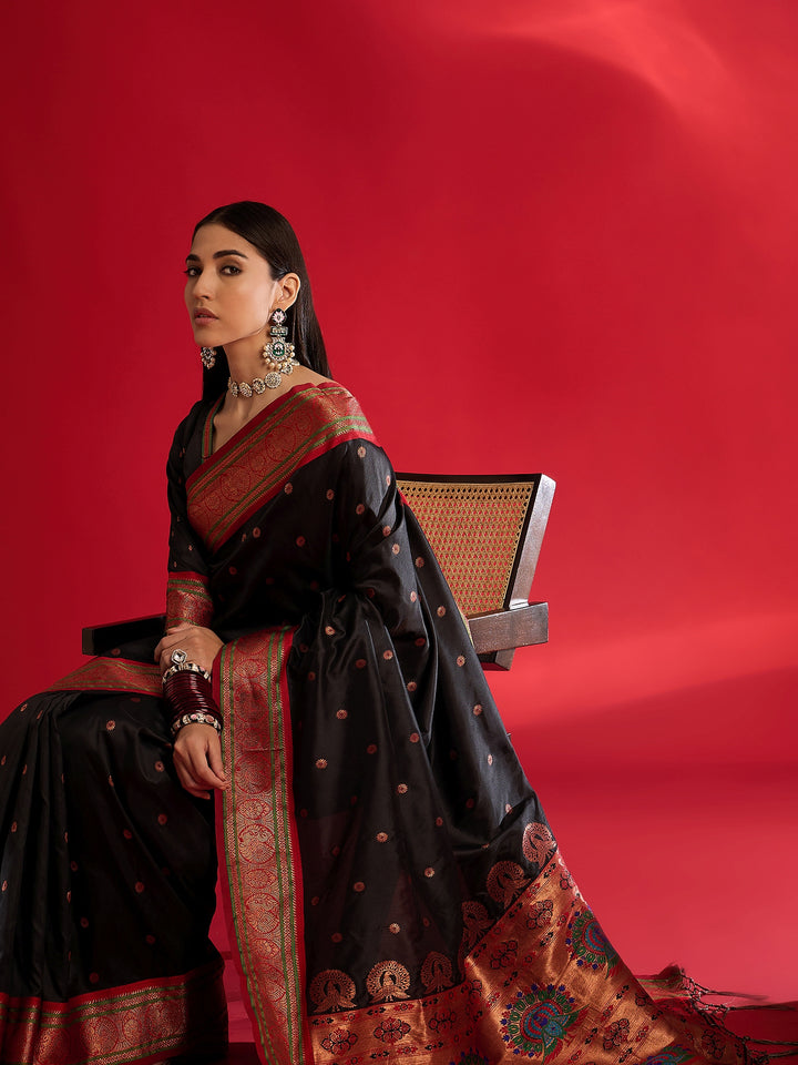 Ethereal Black Banarasi Satin Saree