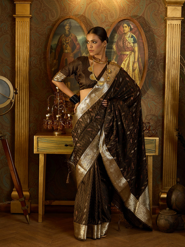 Exquisite Brown Banarasi Satin Saree