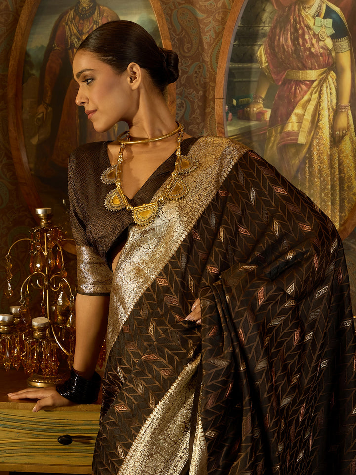 Exquisite Brown Banarasi Satin Saree