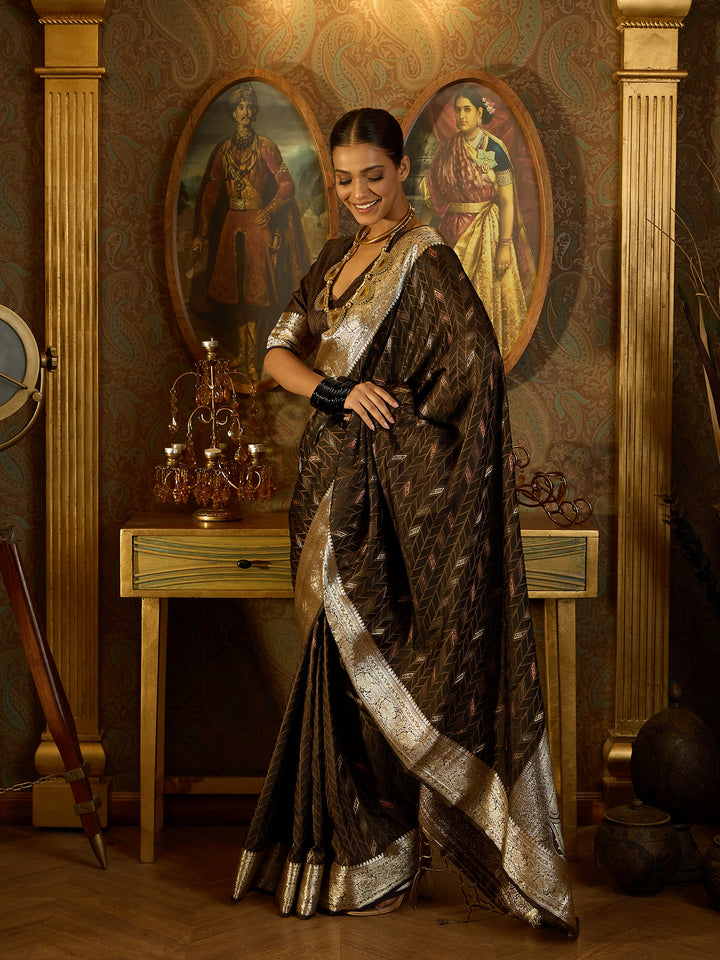 Exquisite Brown Banarasi Satin Saree