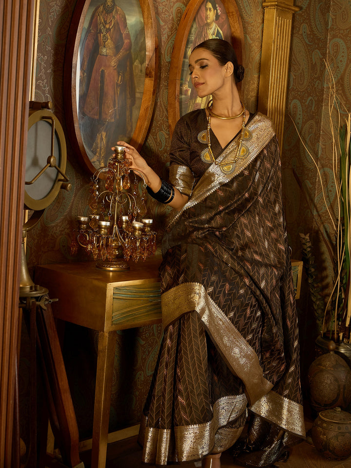 Exquisite Brown Banarasi Satin Saree