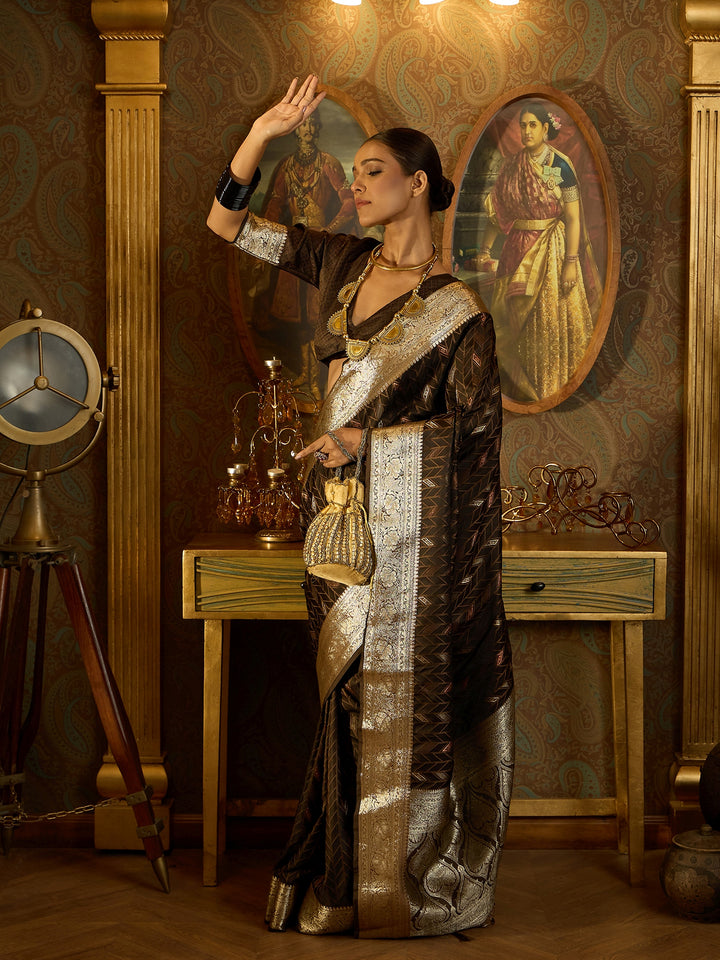 Exquisite Brown Banarasi Satin Saree