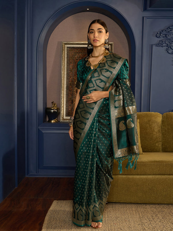 Exquisite Green Banarasi Satin Saree