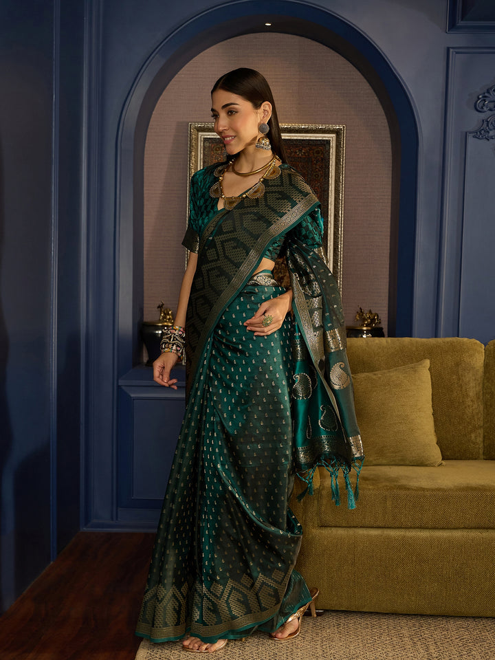 Exquisite Green Banarasi Satin Saree