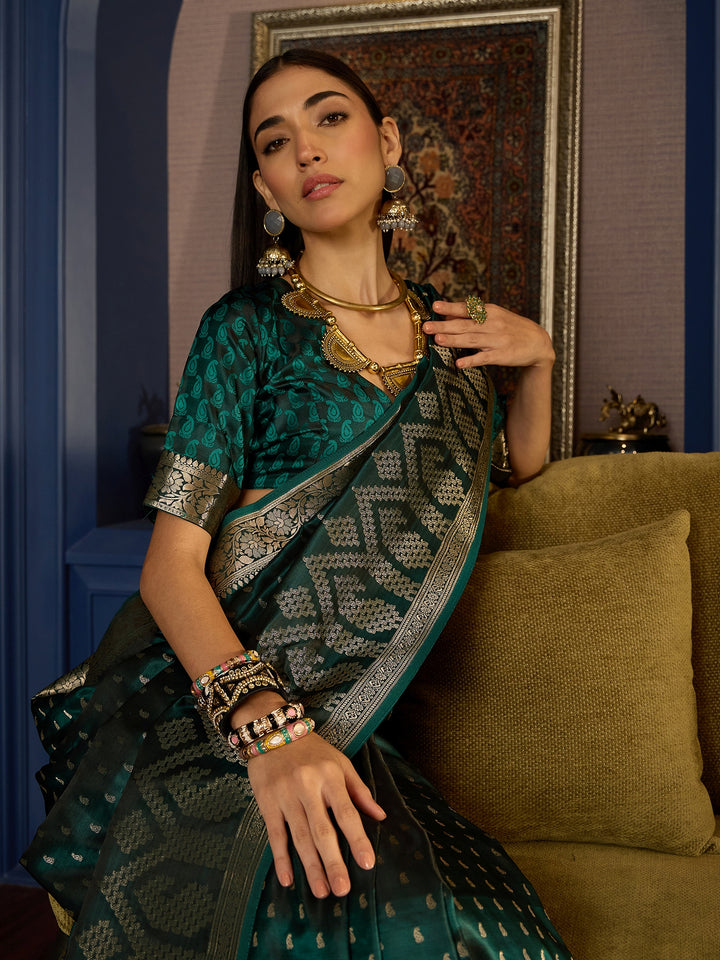 Exquisite Green Banarasi Satin Saree