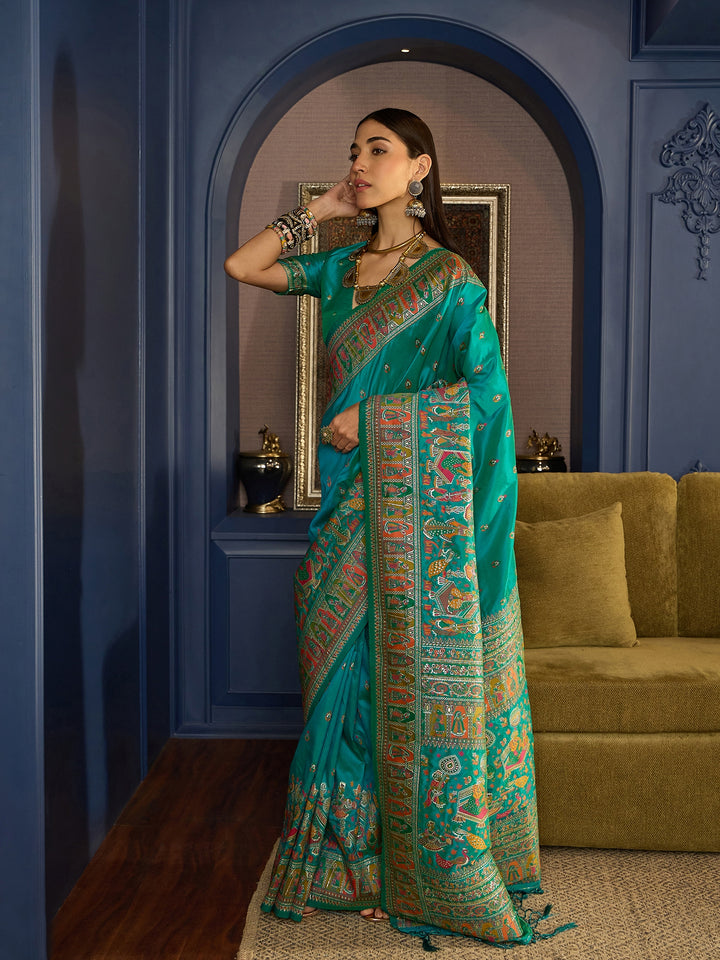 Exquisite Green Banarasi Satin Saree