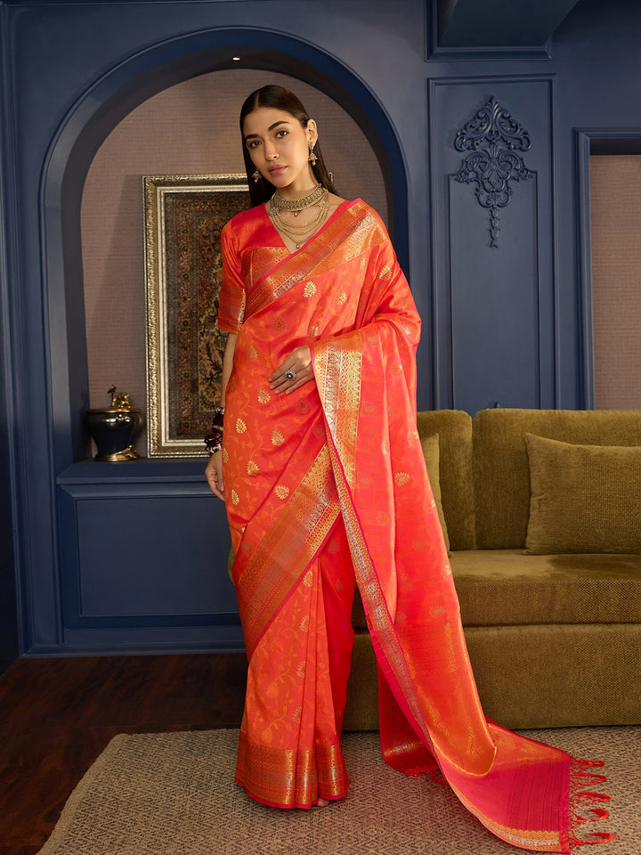 Exquisite Orange Banarasi Satin Saree