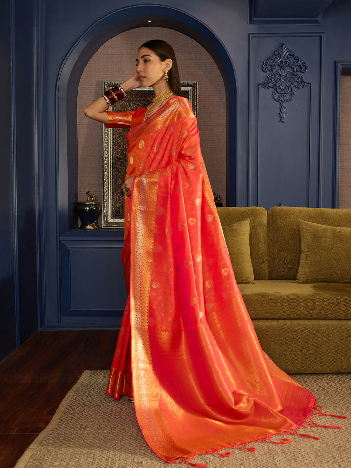 Exquisite Orange Banarasi Satin Saree