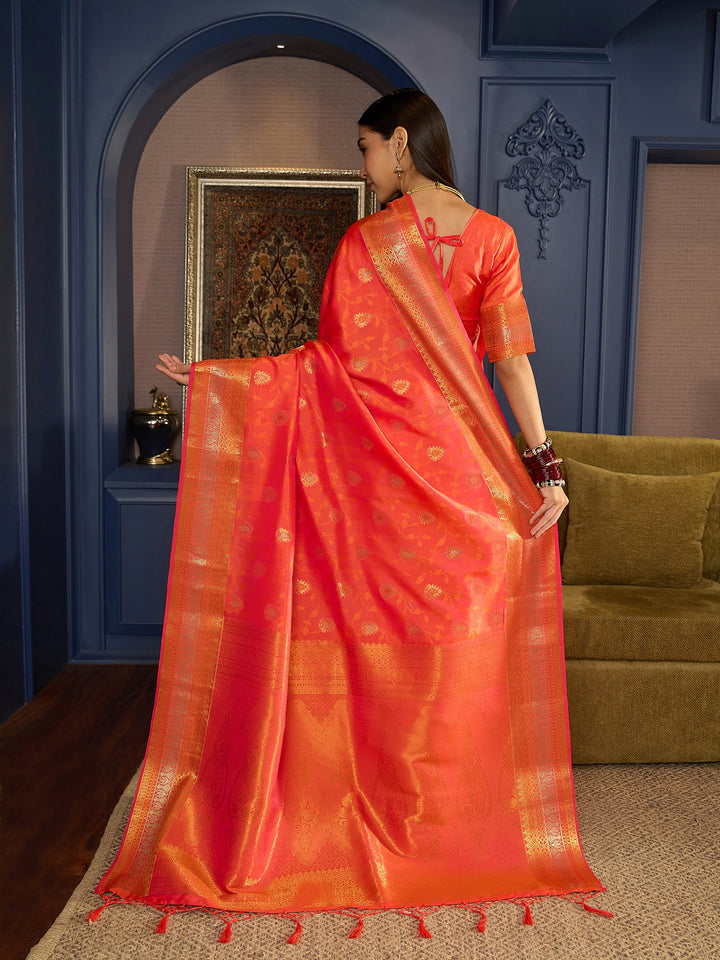 Exquisite Orange Banarasi Satin Saree