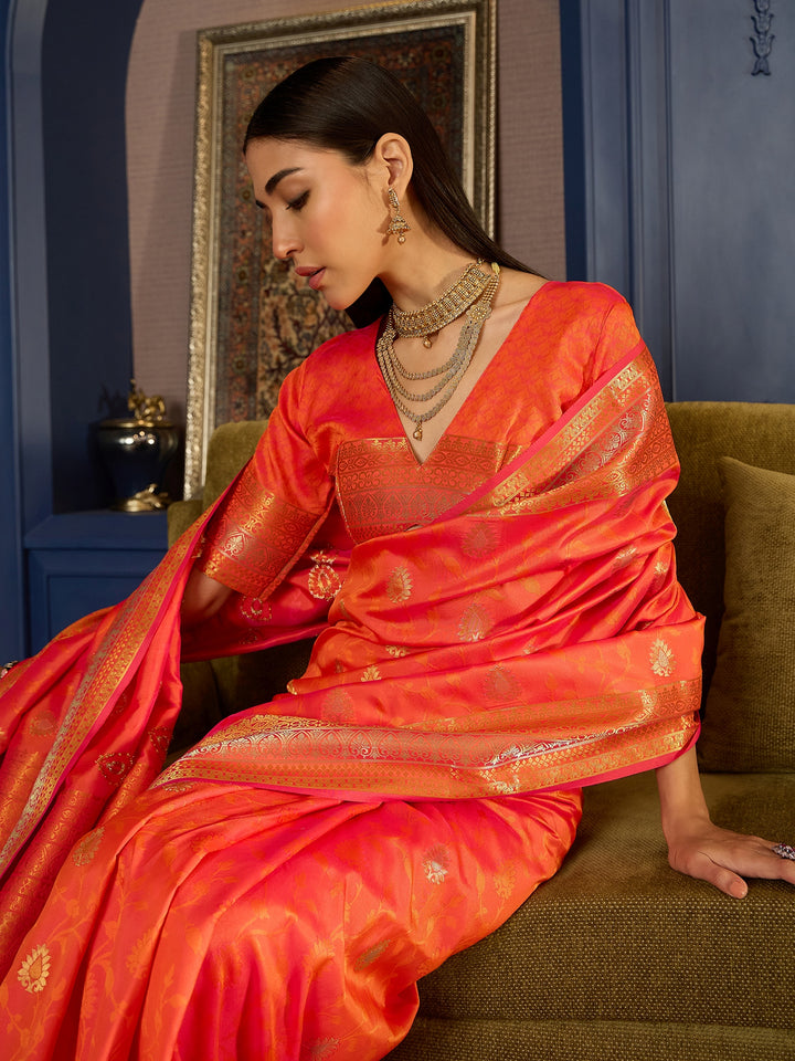 Exquisite Orange Banarasi Satin Saree