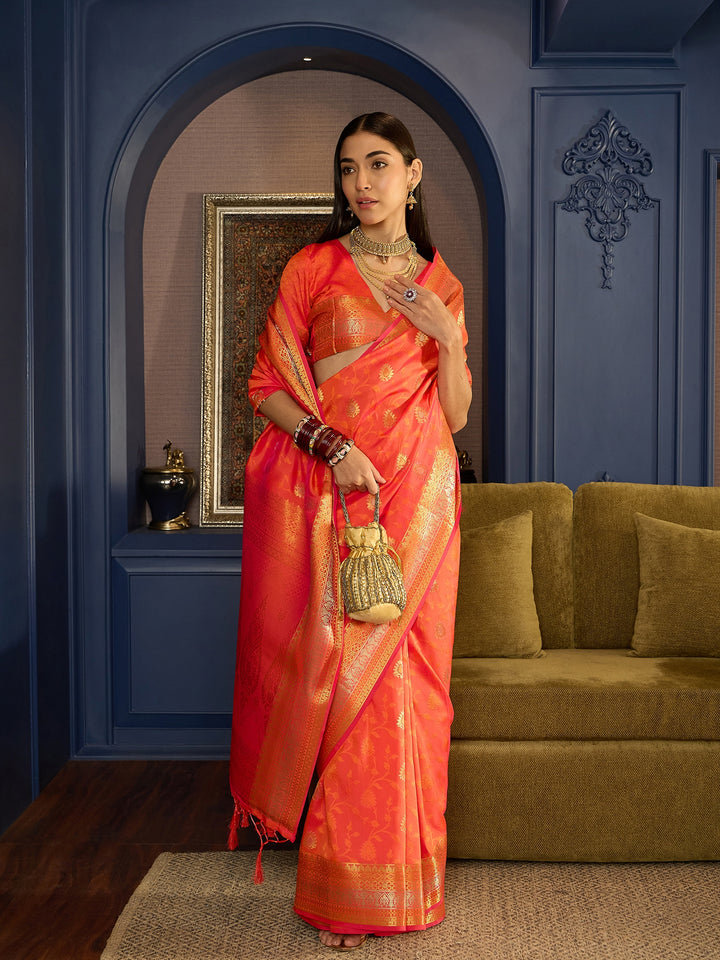 Exquisite Orange Banarasi Satin Saree