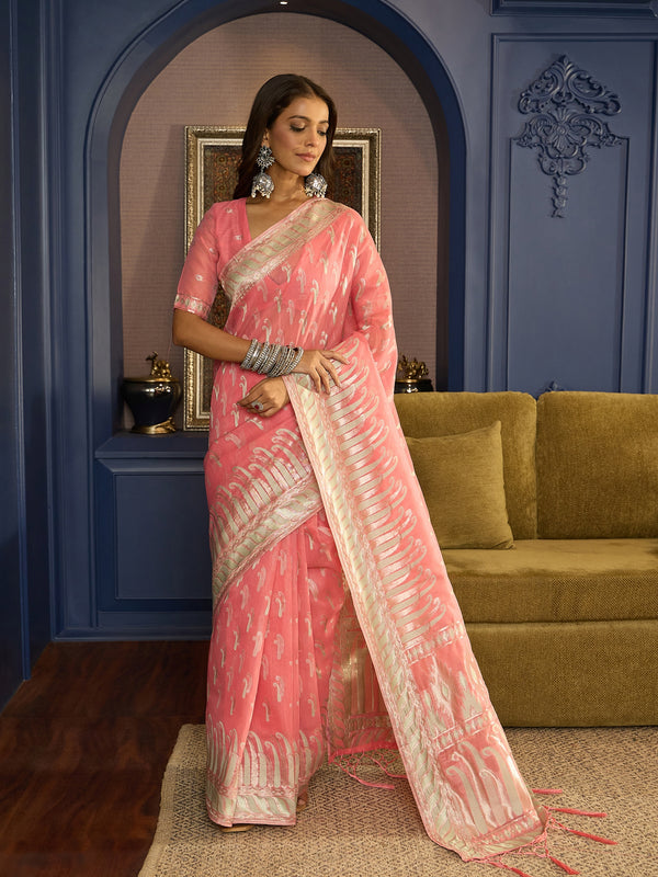 Exquisite Pink Banarasi  Linen Saree