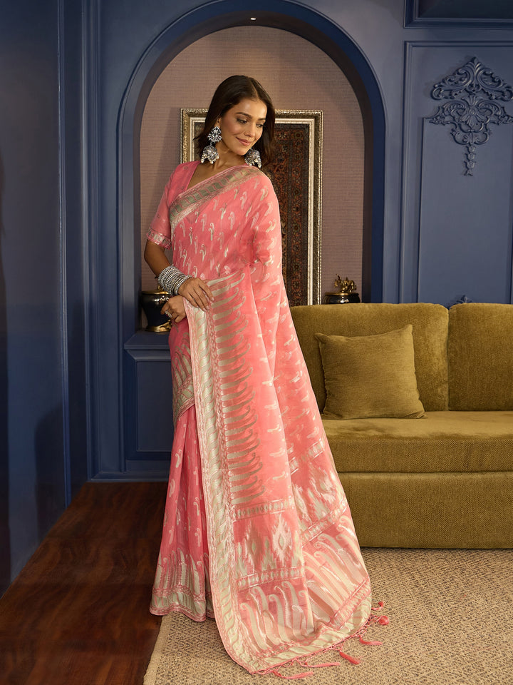 Exquisite Pink Banarasi  Linen Saree