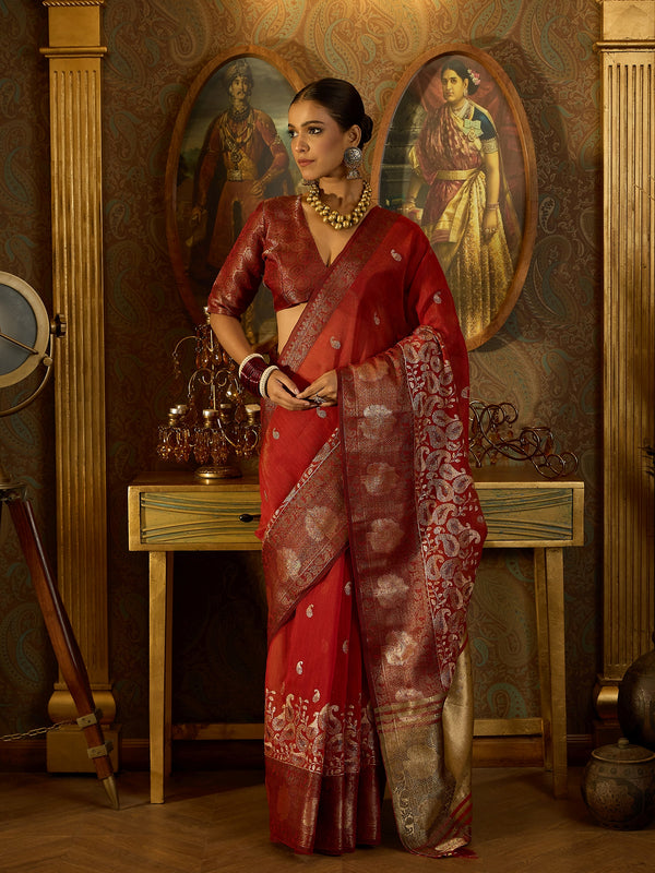 Flowing Red Banarasi Silk Saree