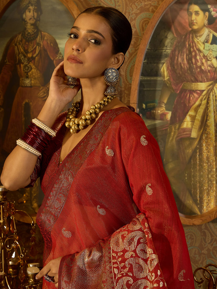 Flowing Red Banarasi Silk Saree