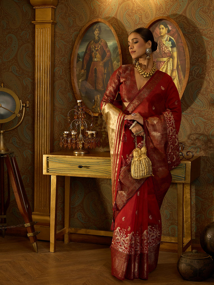 Flowing Red Banarasi Silk Saree