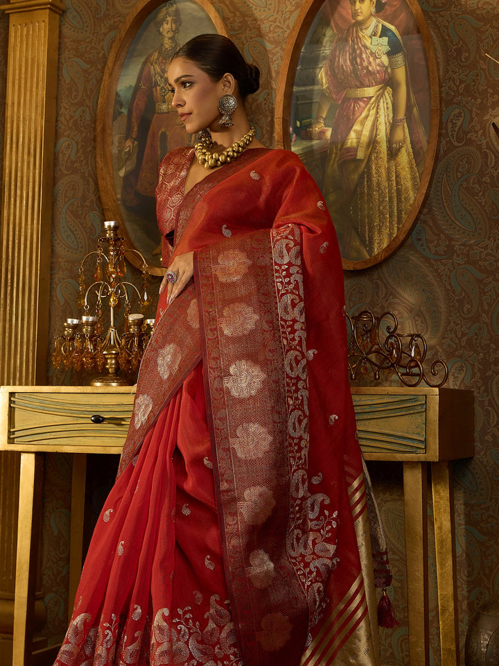 Flowing Red Banarasi Silk Saree