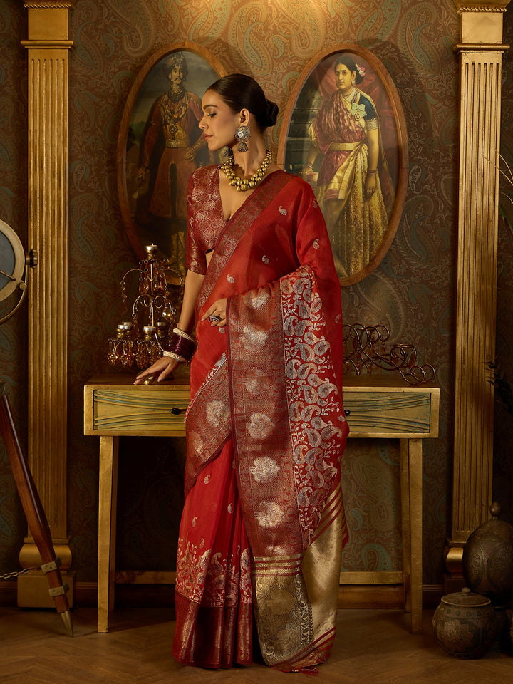 Flowing Red Banarasi Silk Saree