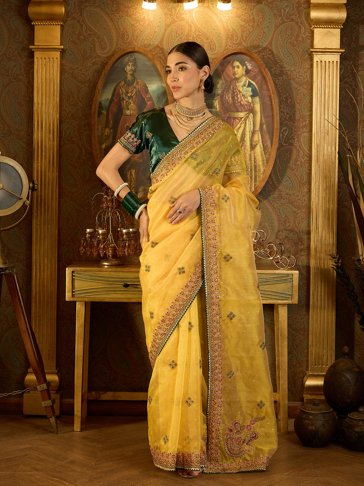 Graceful Yellow Organza Saree For Haldi