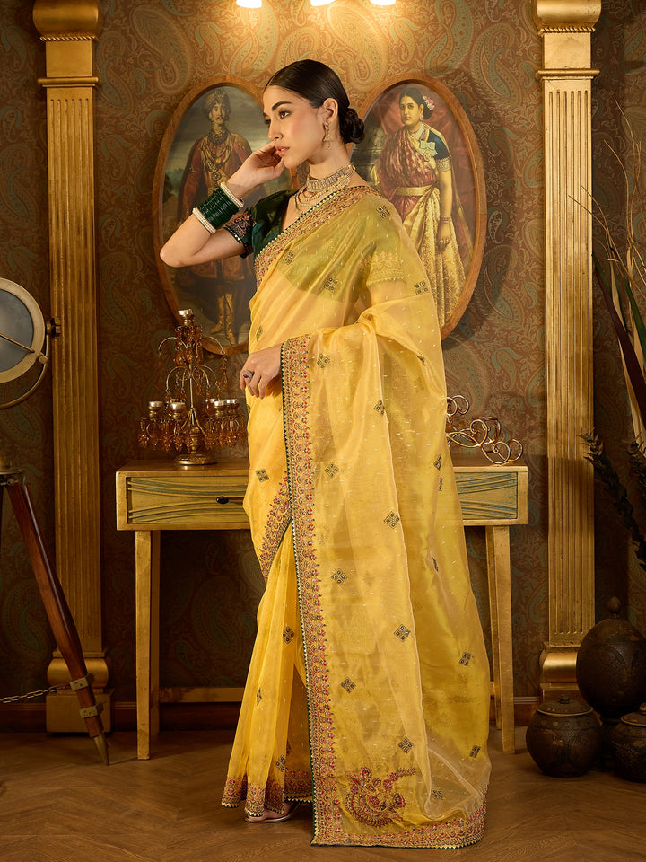 Graceful Yellow Organza Saree For Haldi