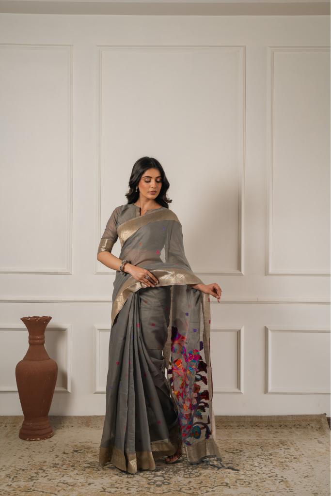 Grey Cotton Saree with Pallu Multicolor Detailing