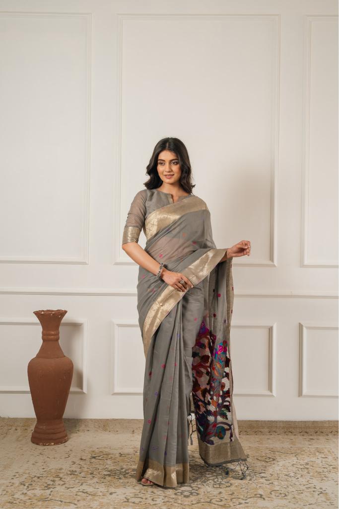 Grey Cotton Saree with Pallu Multicolor Detailing