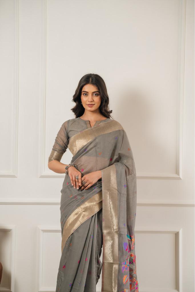 Grey Cotton Saree with Pallu Multicolor Detailing