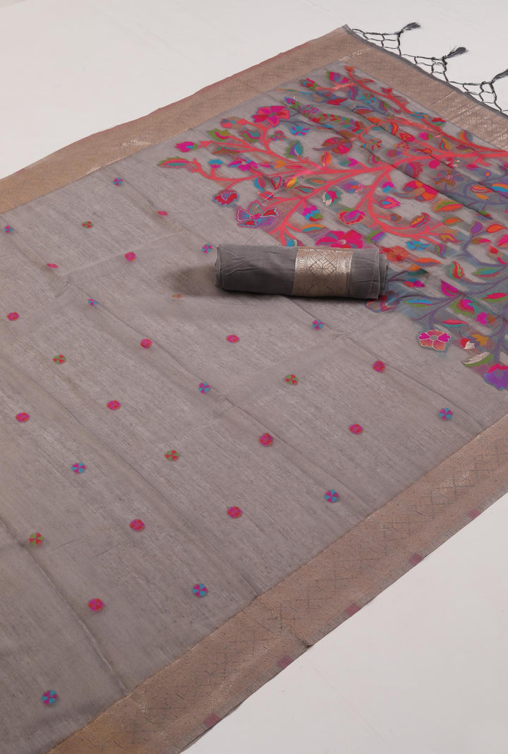 Grey Cotton Saree with Pallu Multicolor Detailing