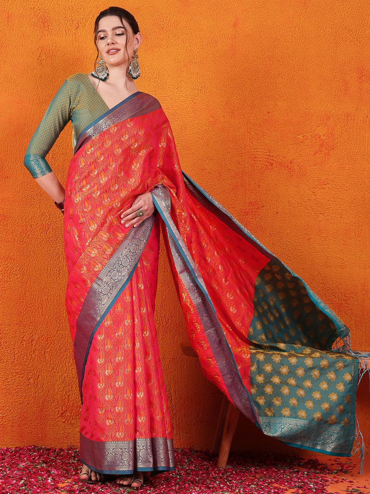 Jamevar Silk Red Saree