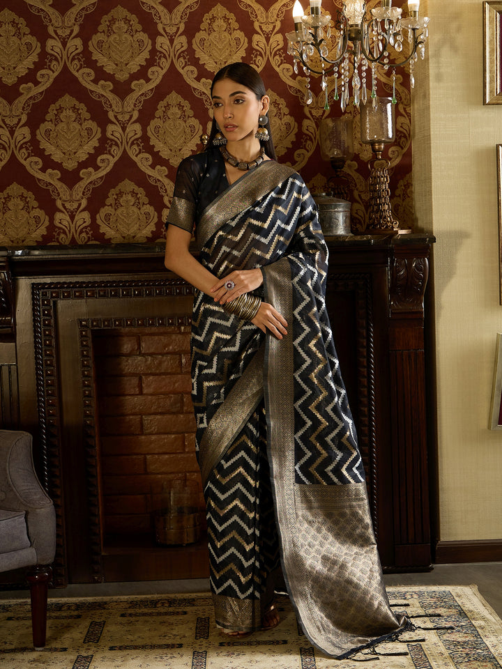 Luxurious Linen Black Saree Partywear