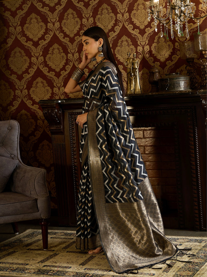 Luxurious Linen Black Saree Partywear