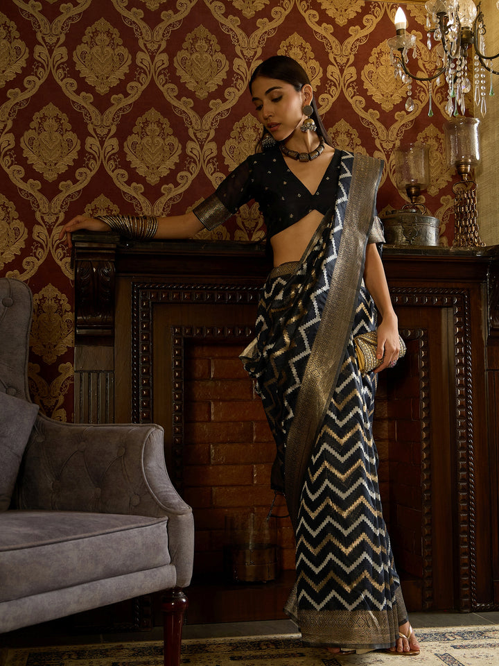 Luxurious Linen Black Saree Partywear